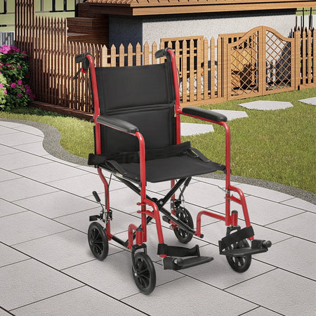 *FDA APPROVED* Transport Wheelchair with Flip Back Backrest & Swing-Away Footrests, Folding Transport Chair with Hand Brake, 250Lbs Weight Capacity, Red