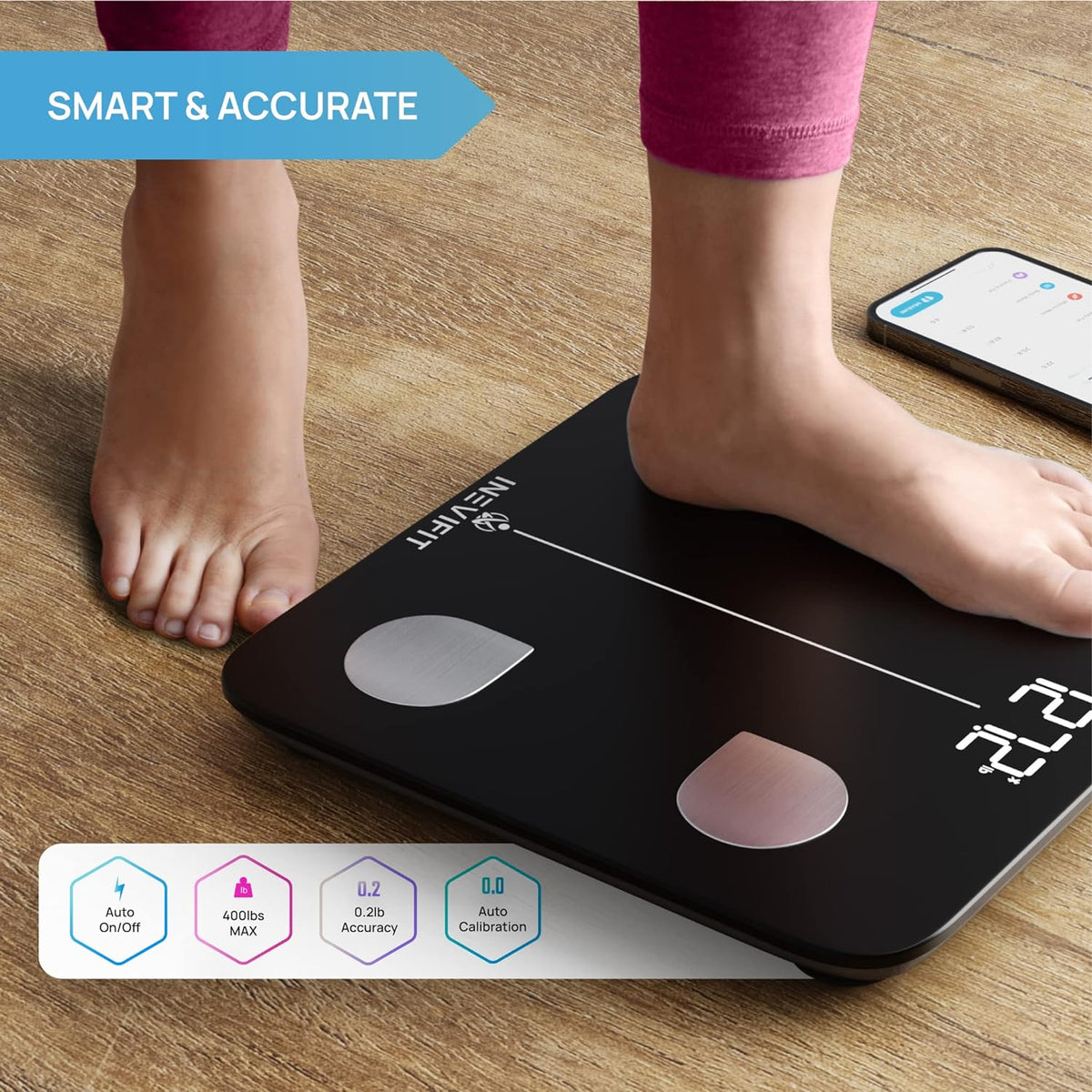 Smart Body Fat Scale, BMI Highly Accurate Bluetooth Digital Bathroom Body Composition Analyzer. Measures Body Fat, Water, Muscle, Bone Mass & More for Unlimited Users