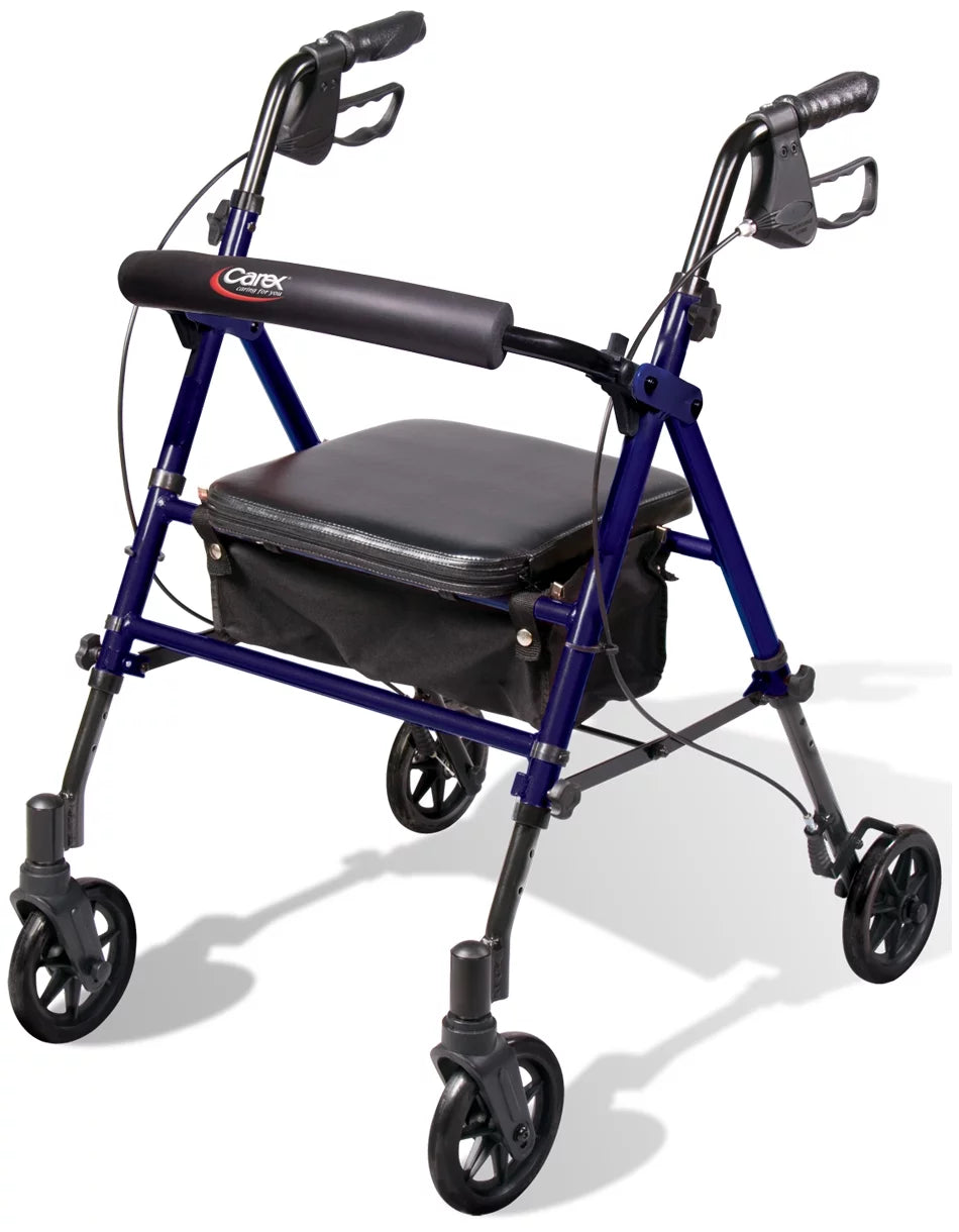 Aluminium Step N Rest Rollator Walker, Padded Seat, 6" Wheels, Backrest, Storage Pouch, Blue