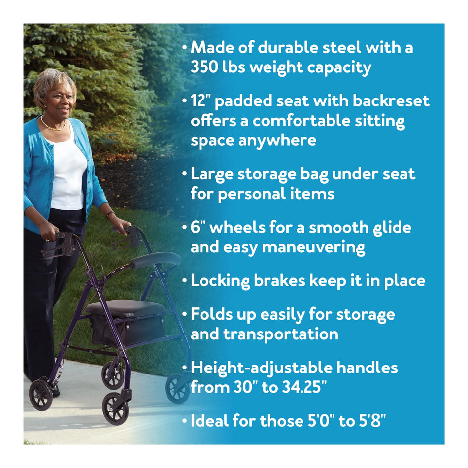 Steel Rollator Walker with Padded Seat, 6" Wheels & Storage Pouch, 350 Lb Weight Capacity