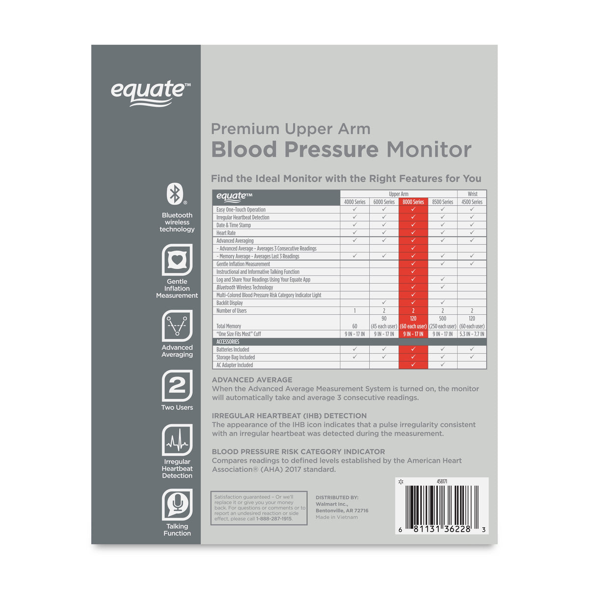 8000 Series Premium Upper Arm Cuff Blood Pressure Monitor. Equipped W/ Bluetooth Wireless Technology