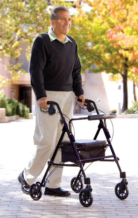 Aluminium Step N Rest Rollator Walker, Padded Seat, 6" Wheels, Backrest, Storage Pouch, Blue