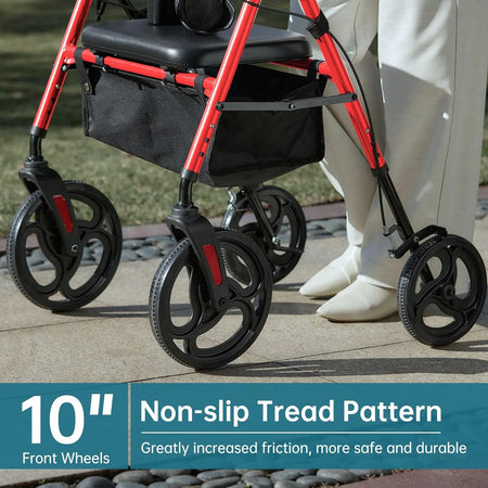 Mobility Rollator Walker with 10" Wheels, Adjustable Seat and Arms, Red