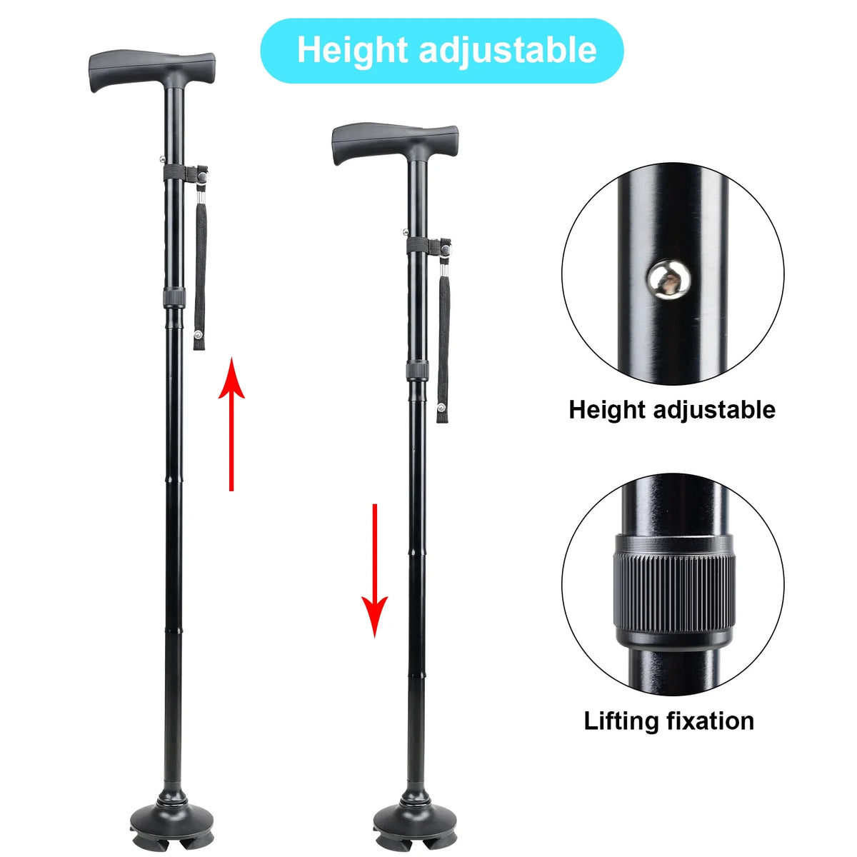 Walking Cane: Adult Collapsible Cane for Walking Self Standing Adjustable Folding Cane with T Handle & Pivot Base Lightweight for Seniors-Black