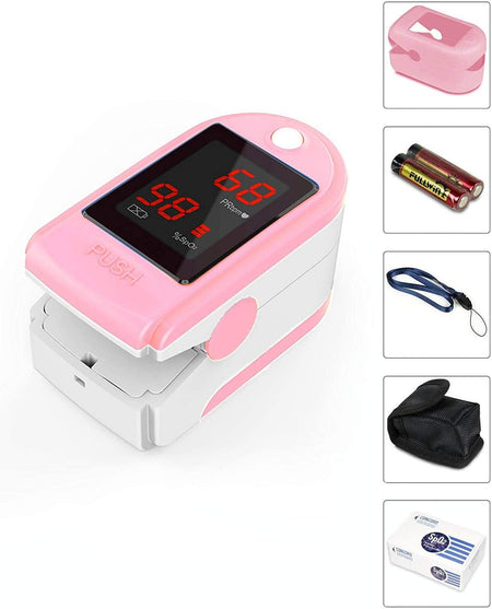 Concord Basics Pink Fingertip Pulse Oximeter Blood Oxygen Saturation Monitor with Carrying Case, Batteries, Silicone Cover and Lanyard