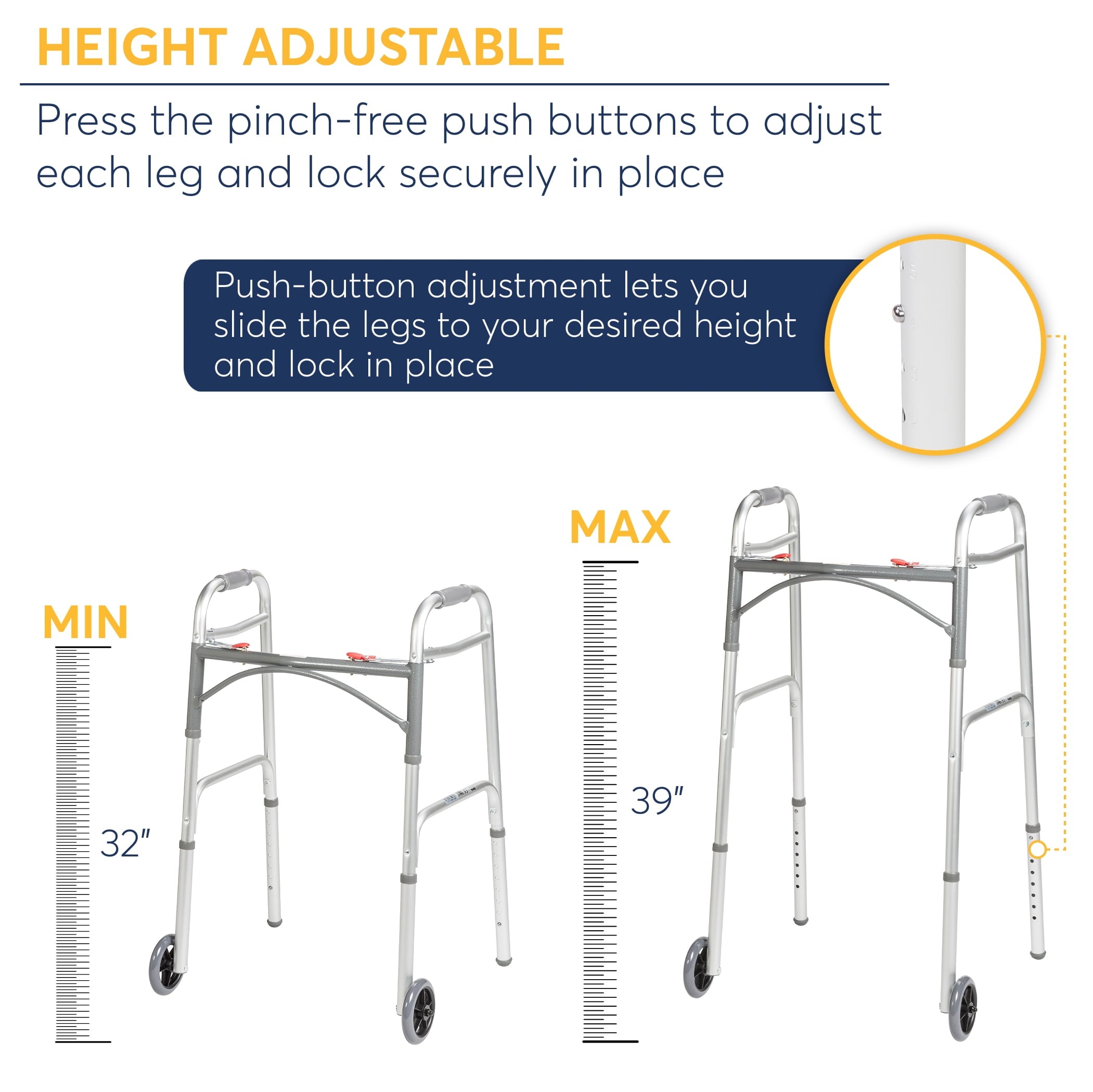 Preservetech Deluxe Two Button Folding Walker with 5" Wheels