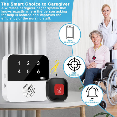 Wifi Wireless Caregiver Pager Life Alert System Alert Call Buttons for Seniors Patient Disabled Elderly 2 Panic Emergency Buttons 1 Receiver(Only Supports 2.4Ghz Wi-Fi)