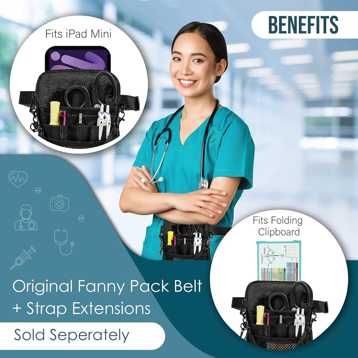 4-In-1 Nurse Fanny Pack with Medical Gear Pockets, Tape Holder, and Utility Storage for Stethoscopes, Bandage Scissors, and Emergency Supplies, Student and Nurse Use (Black)