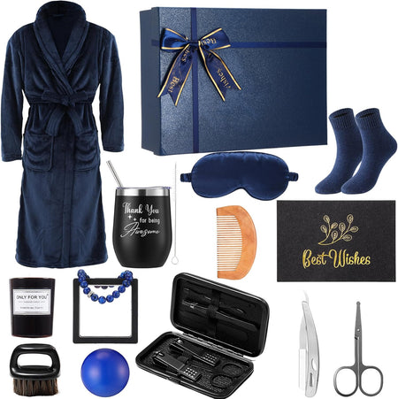 15 Pcs Birthday Gifts for Men Beard Care Set for Him Christmas Gifts Basket Ideas Kit for Men Tumbler Bath Robe for Dad Husband Boyfriend Box Christmas Gifts Baskets