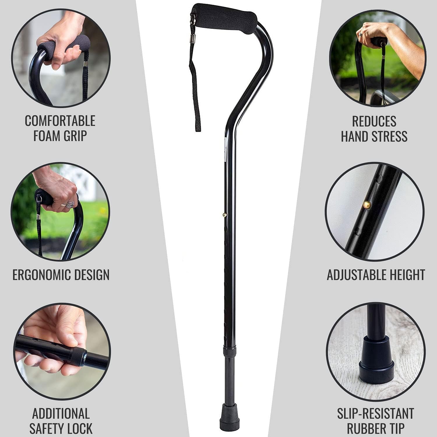 Walking Cane and Walking Stick for Adult Men and Women, FSA Eligible, Lightweight and Adjustable from 30-39 Inches, Supports up to 250 Pounds with Ergonomic Hand Grip and Wrist Strap, Silver