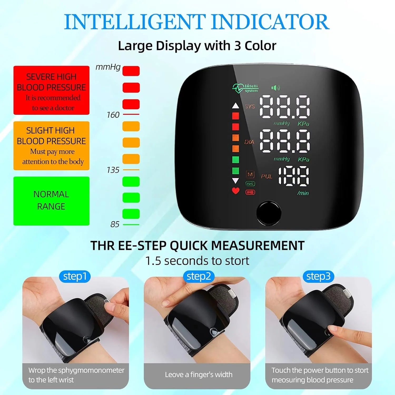 Wrist Blood Pressure Monitor LED Display, Touch Screen Wrist Blood Pressure Cuff 99X2 Reading Memory Wrist Bp Monitor with Carrying Case(Black)