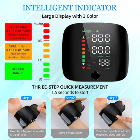 Wrist Blood Pressure Monitor LED Display, Touch Screen Wrist Blood Pressure Cuff 99X2 Reading Memory Wrist Bp Monitor with Carrying Case(Black)