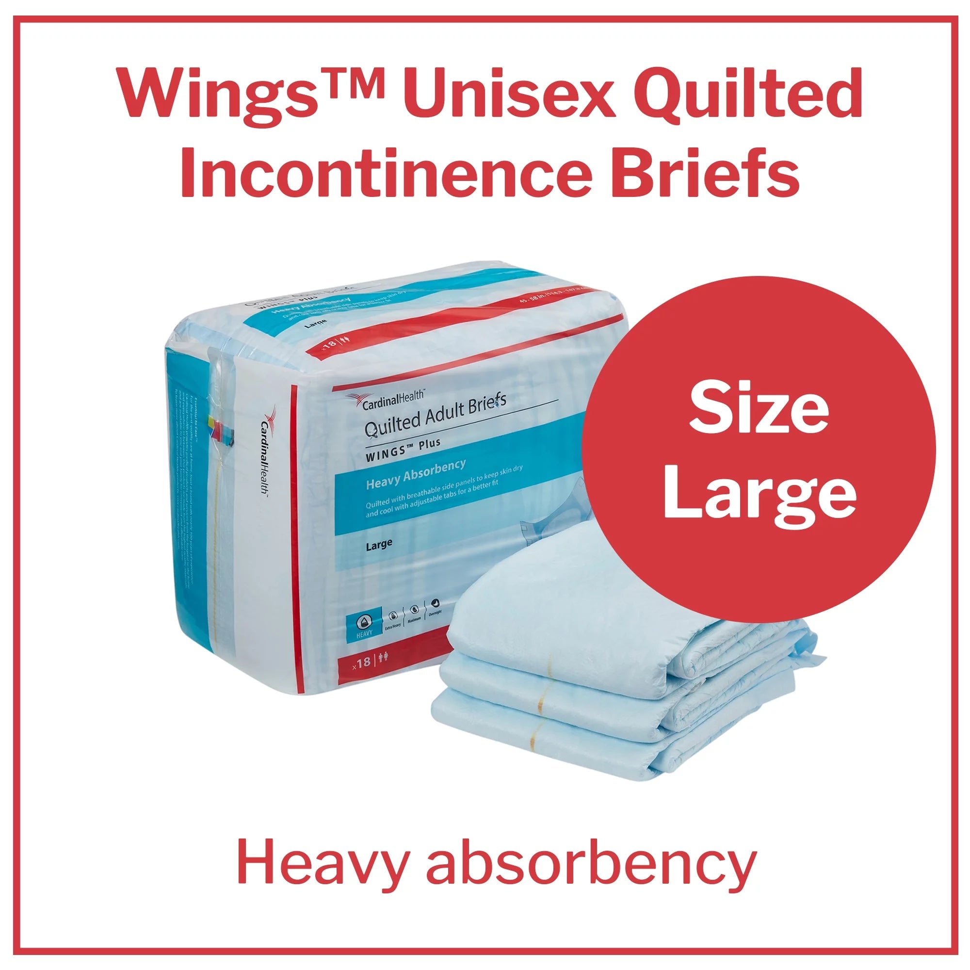 Wings Quilted Adult Briefs, Incontinence, Heavy Absorbency, Blue, Large, 18 Count, 4 Packs, 72 Total