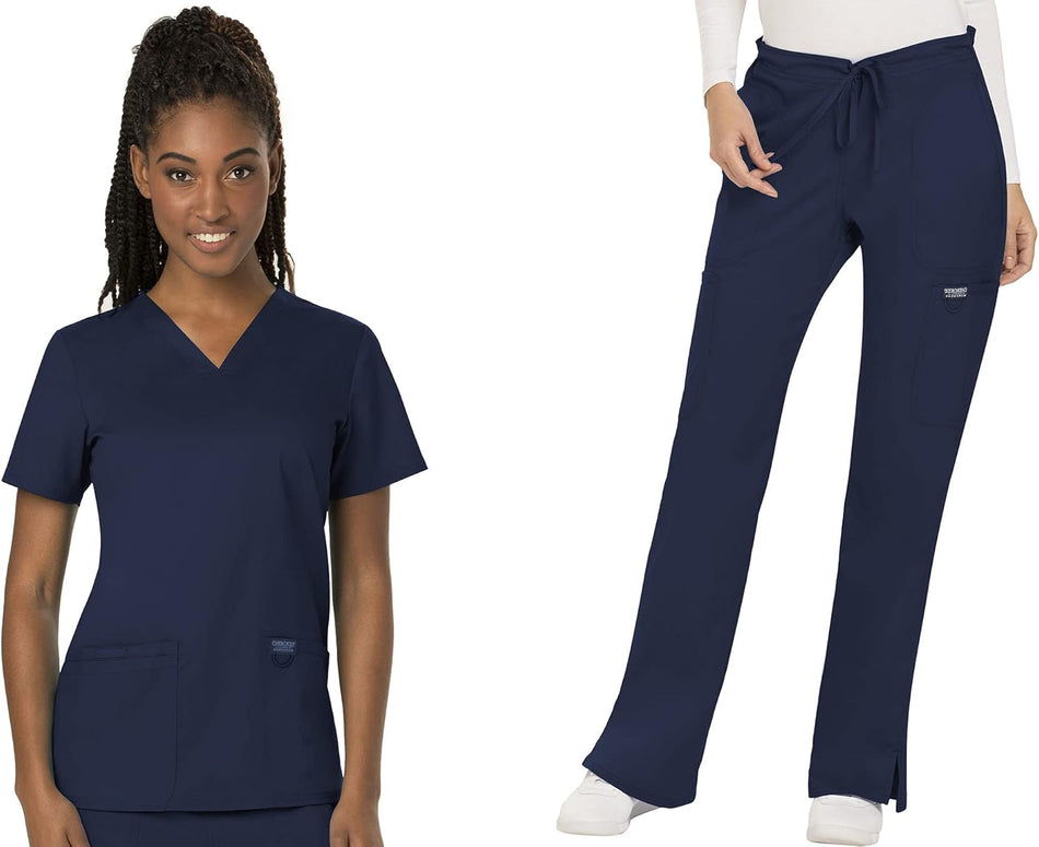 Scrub Set for Women Modern Classic Fit 3 Pockets V-Neck Top WW620 with 5 Pockets Moderate Flare Leg Pant WW120