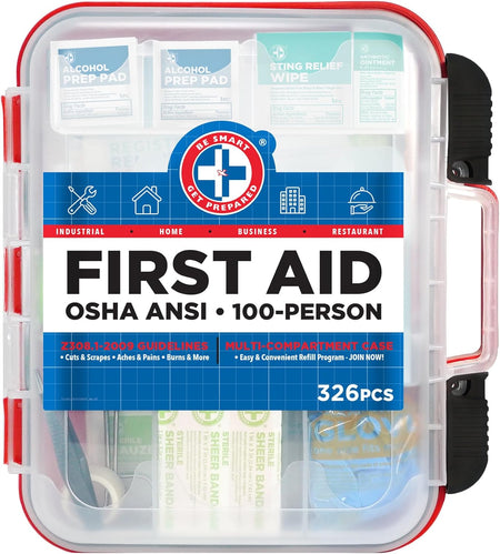 First Aid Kit Hard Red Case 326 Pieces Exceeds OSHA and ANSI Guidelines 100 People - Office, Home, Car, School, Emergency, Survival, Camping, Hunting and Sports (20HBC01015REV3)