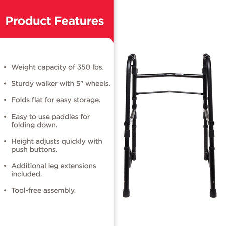 Folding Walker with Wheels, Black