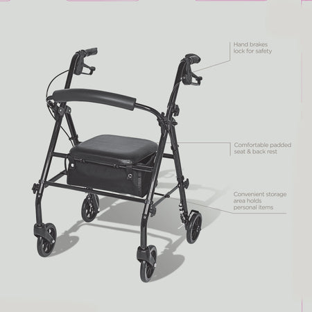 Rolling Walker for Seniors, Rollator with Seat and Wheels, Black, 350 Lb Capacity