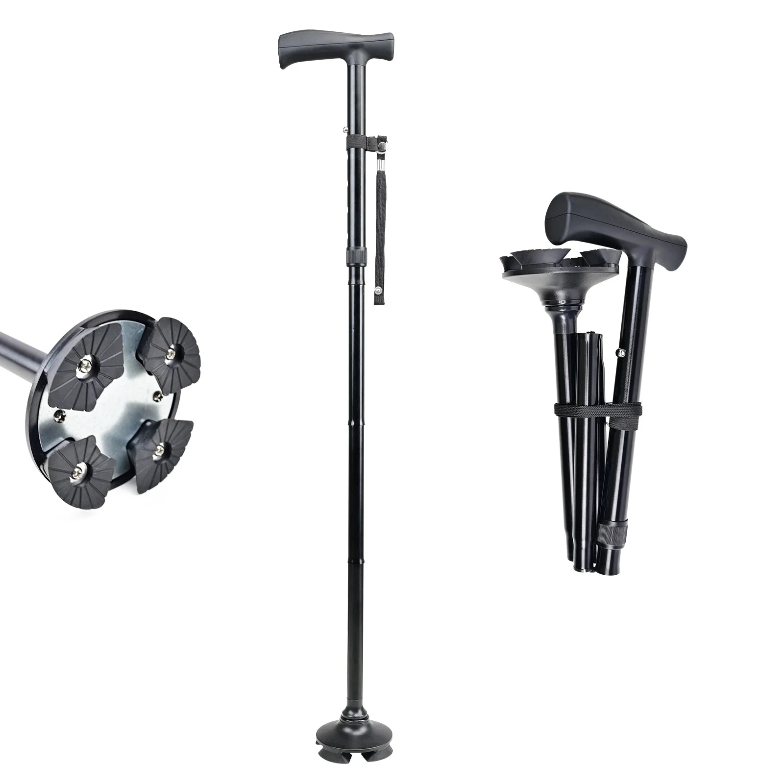 Walking Cane: Adult Collapsible Cane for Walking Self Standing Adjustable Folding Cane with T Handle & Pivot Base Lightweight for Seniors-Black