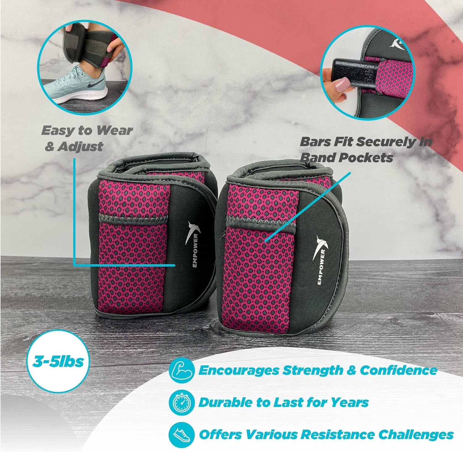 Adjustable Ankle & Wrist Weights for Women for Walking, Jogging, Toning, Resistance Training, Physical Therapy (2 Adjustable Versions Available: 3-4-5 Lbs or 4-6-8 Lbs)