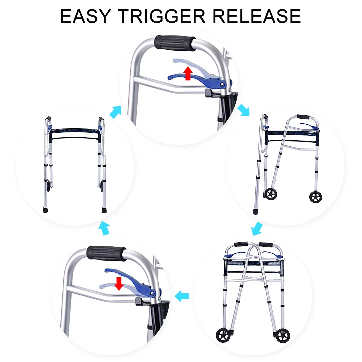 Health Line Massage Products Compact Folding Walker for Seniors, Standard Walker with 5" Wheels and Trigger Release, Mobility Aids Walker Supports up to 350 Lbs (Ski Glides Included)