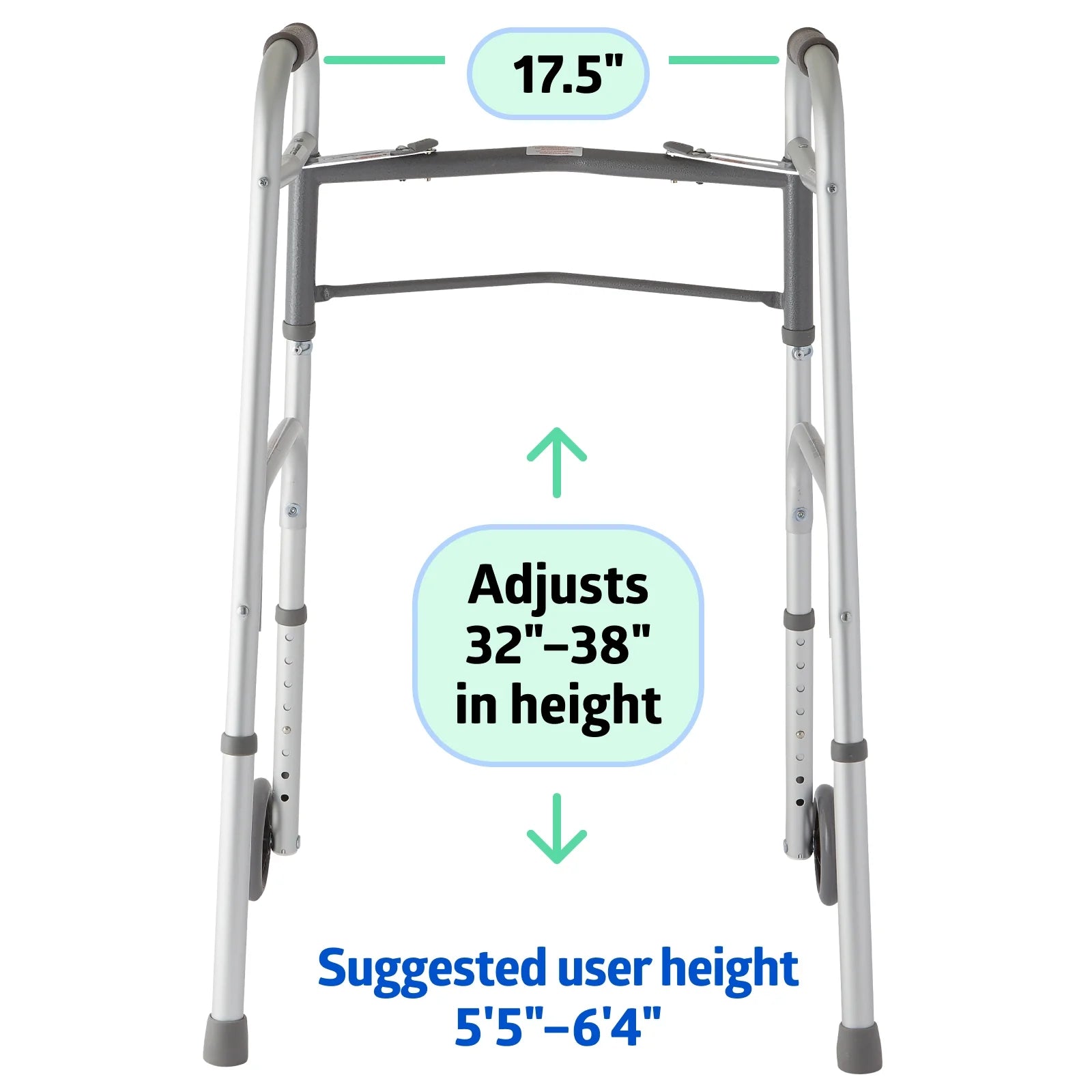 Lightweight Folding Walker with 5” Wheels, Aluminum Frame Supports up to 300 Lbs.