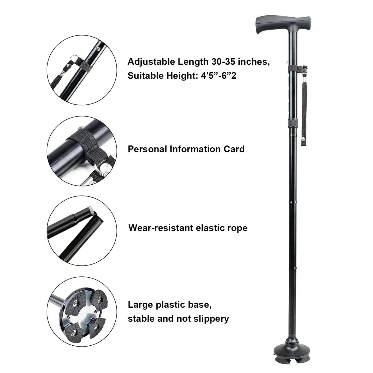 Walking Cane: Adult Collapsible Cane for Walking Self Standing Adjustable Folding Cane with T Handle & Pivot Base Lightweight for Seniors-Black