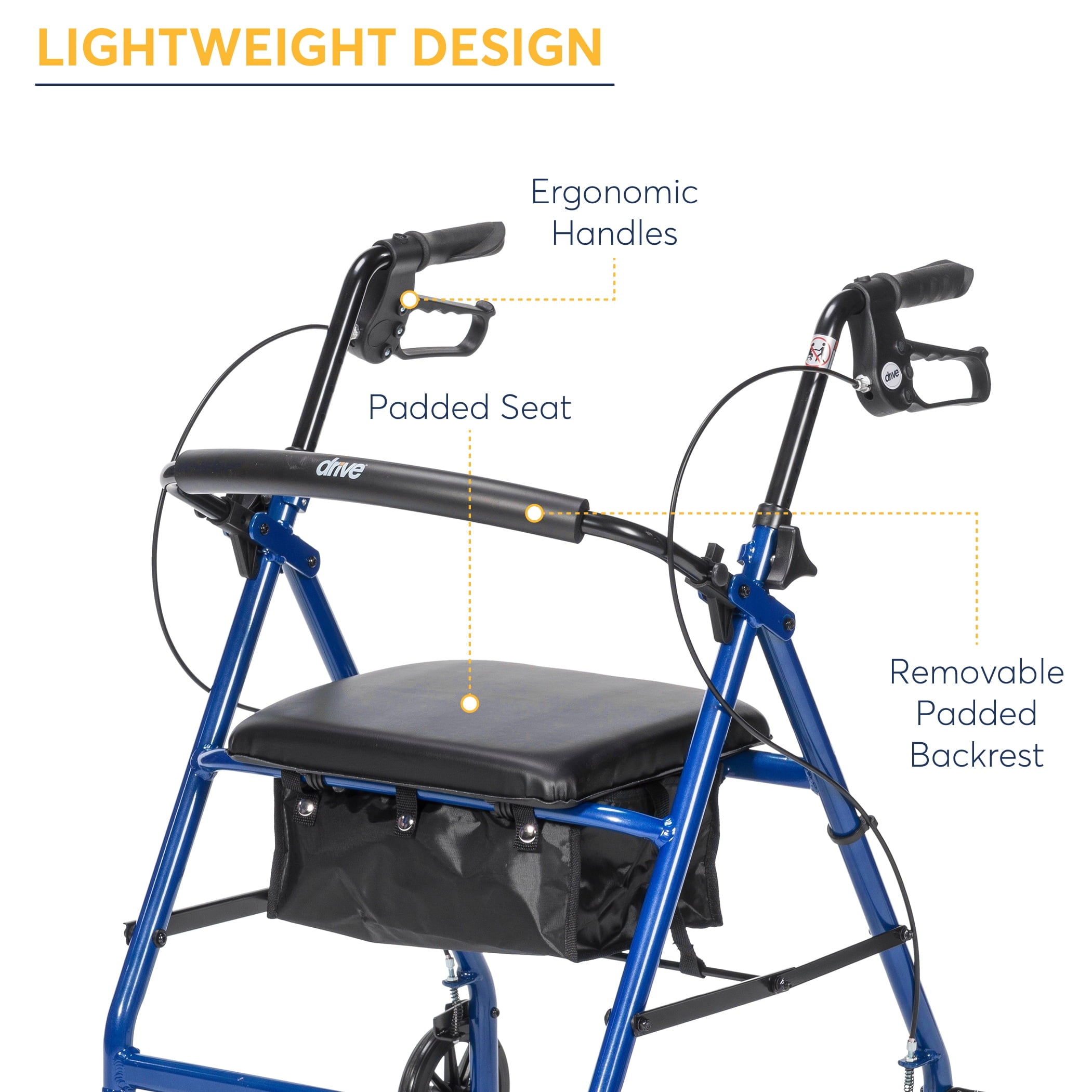 Rollator Rolling Walker with 6" Wheels, Fold up Removable Back Support and Padded Seat, Blue