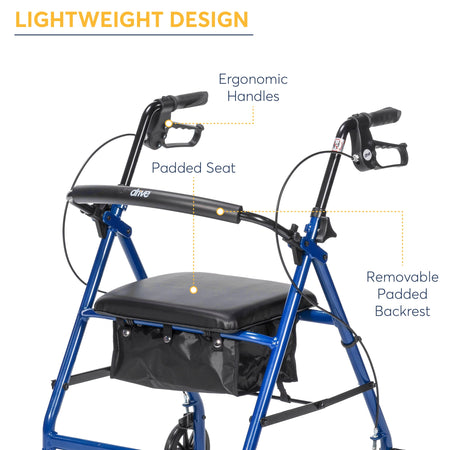 Rollator Rolling Walker with 6" Wheels, Fold up Removable Back Support and Padded Seat, Blue