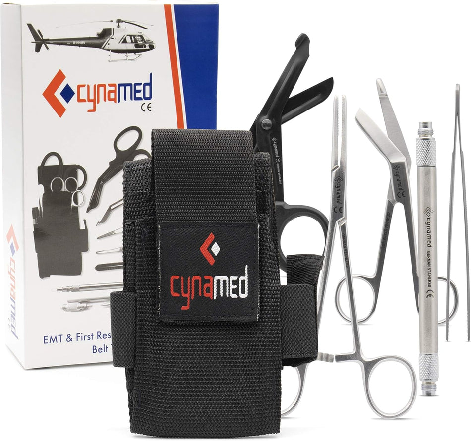 First Responder Medical Tool Kit - Bandage Scissors, Magnetic Debris Remover, EMT Shears, Hemostat, Tweezers - Adjustable Multi-Pocket Nylon Belt Pouch - Paramedic, Nurse, Emergency Responders