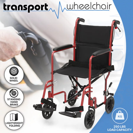 *FDA APPROVED* Transport Wheelchair with Flip Back Backrest & Swing-Away Footrests, Folding Transport Chair with Hand Brake, 250Lbs Weight Capacity, Red