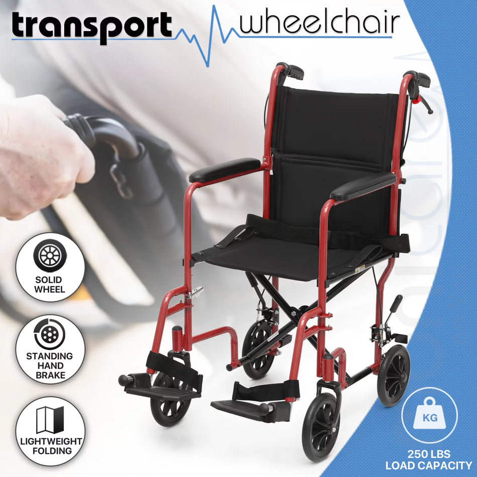 *FDA APPROVED* Transport Wheelchair with Flip Back Backrest & Swing-Away Footrests, Folding Transport Chair with Hand Brake, 250Lbs Weight Capacity, Red