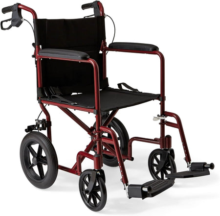 Lightweight Foldable Transport Wheelchair with Handbrakes and 12-Inch Wheels, Red Frame, Black Upholstery