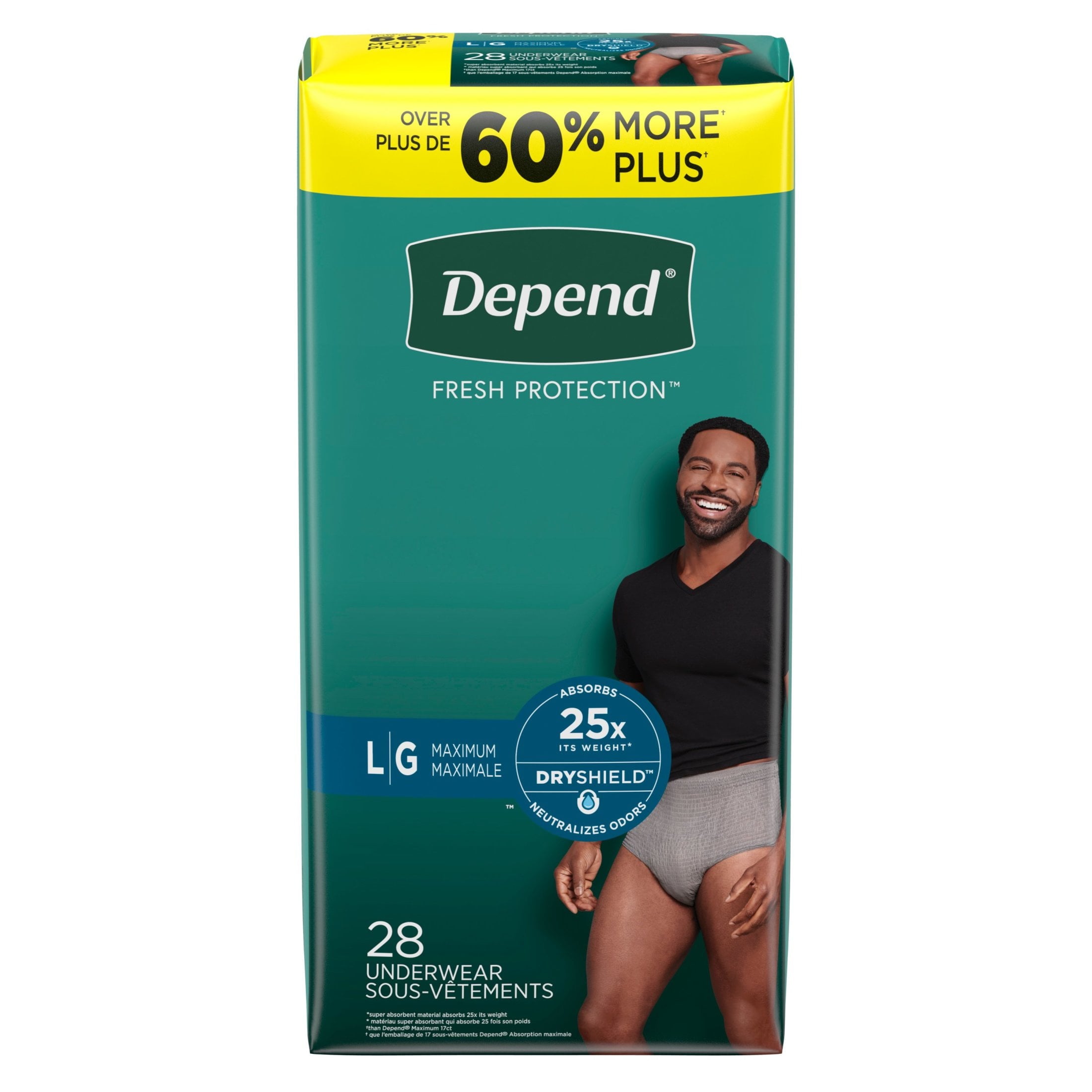 Fresh Protection Adult Incontinence Underwear for Men, Maximum, L, Grey, 28 Count