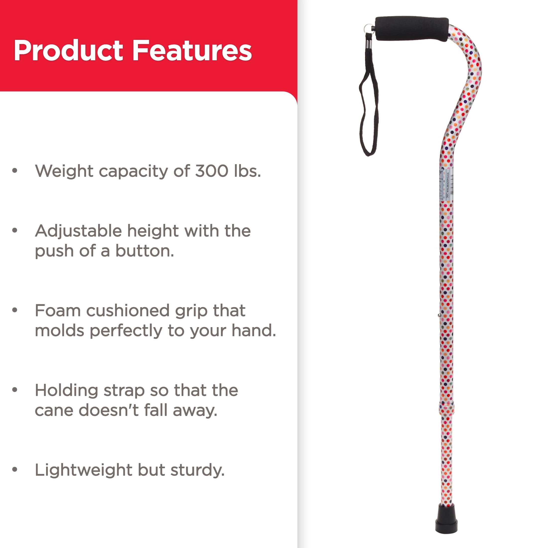 Mobility Offset Handle Cane, Polka Dot