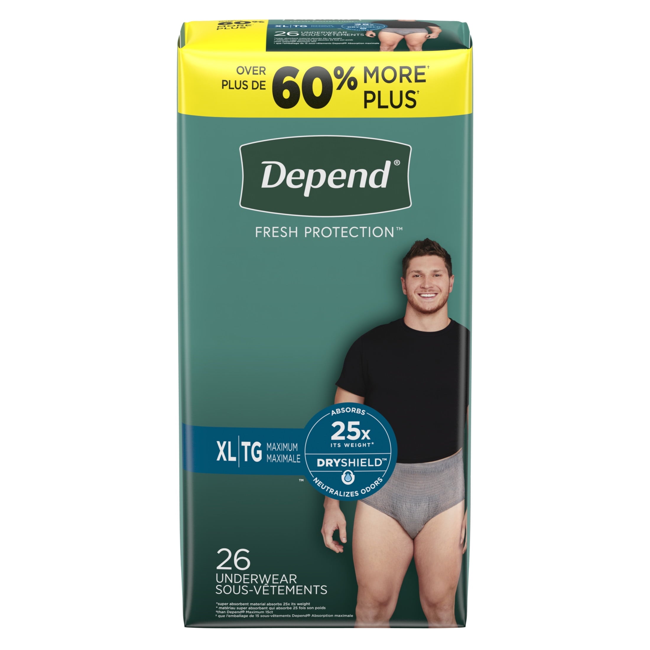 Fresh Protection Adult Incontinence Underwear for Men, Maximum, XL, Grey, 26 Count