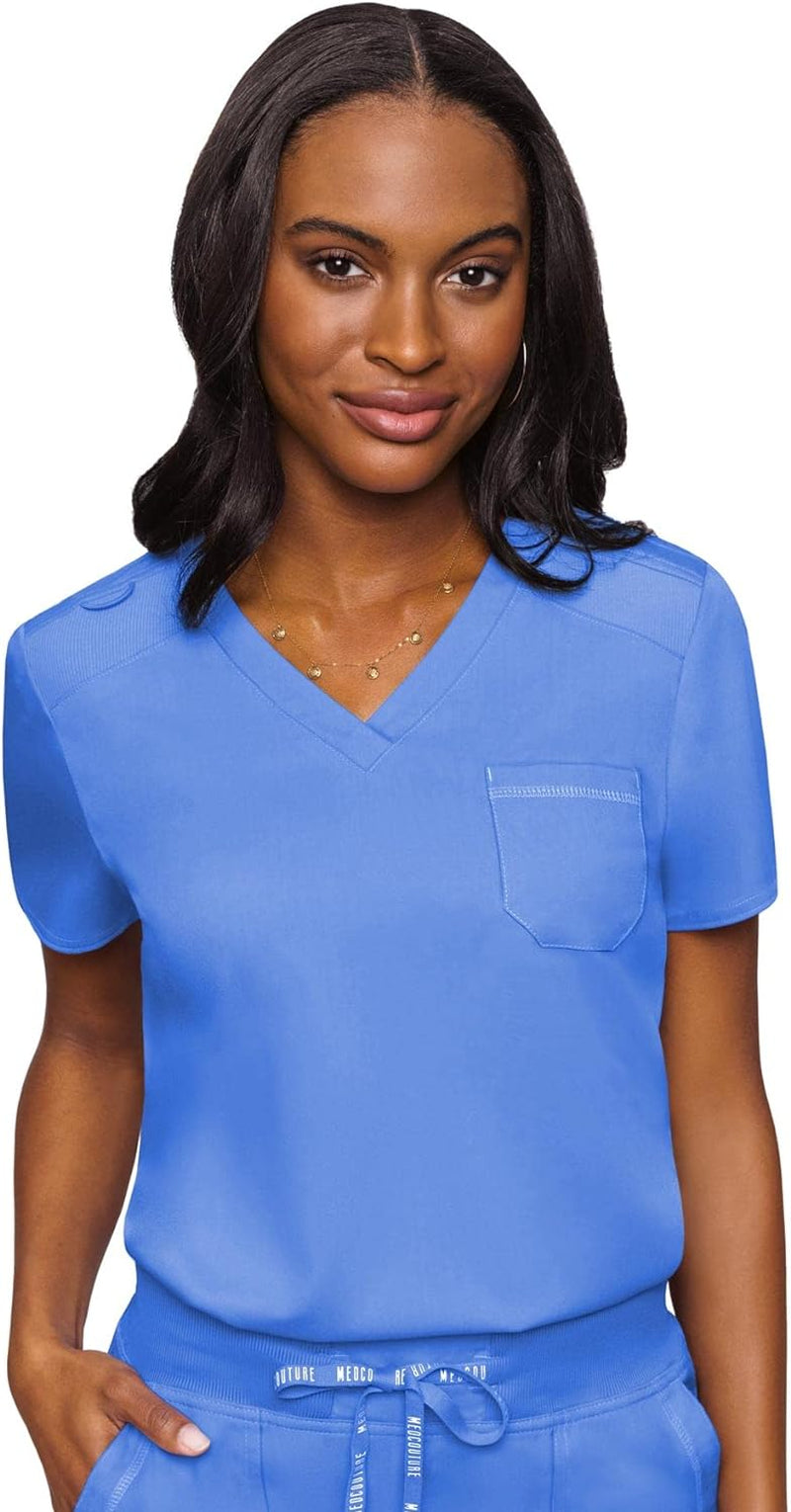 Women'S V-Neck Scrub Top, Modern Fit Tuck-In Top with Stretchy Rib-Knit Shoulders and Chest Pocket - MC7448