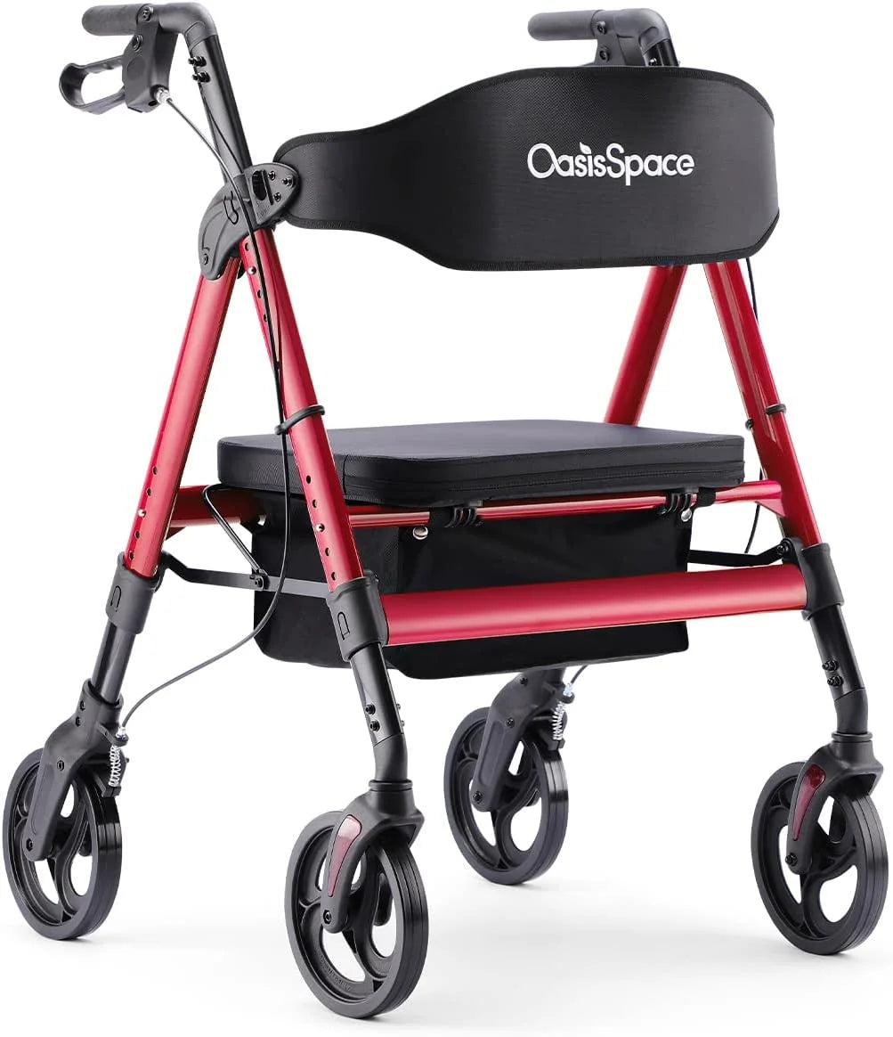 Heavy Duty Rollator Walker - Bariatric Rollator Walker with Large Seat for Seniors Support up to 500 Lbs (Red)