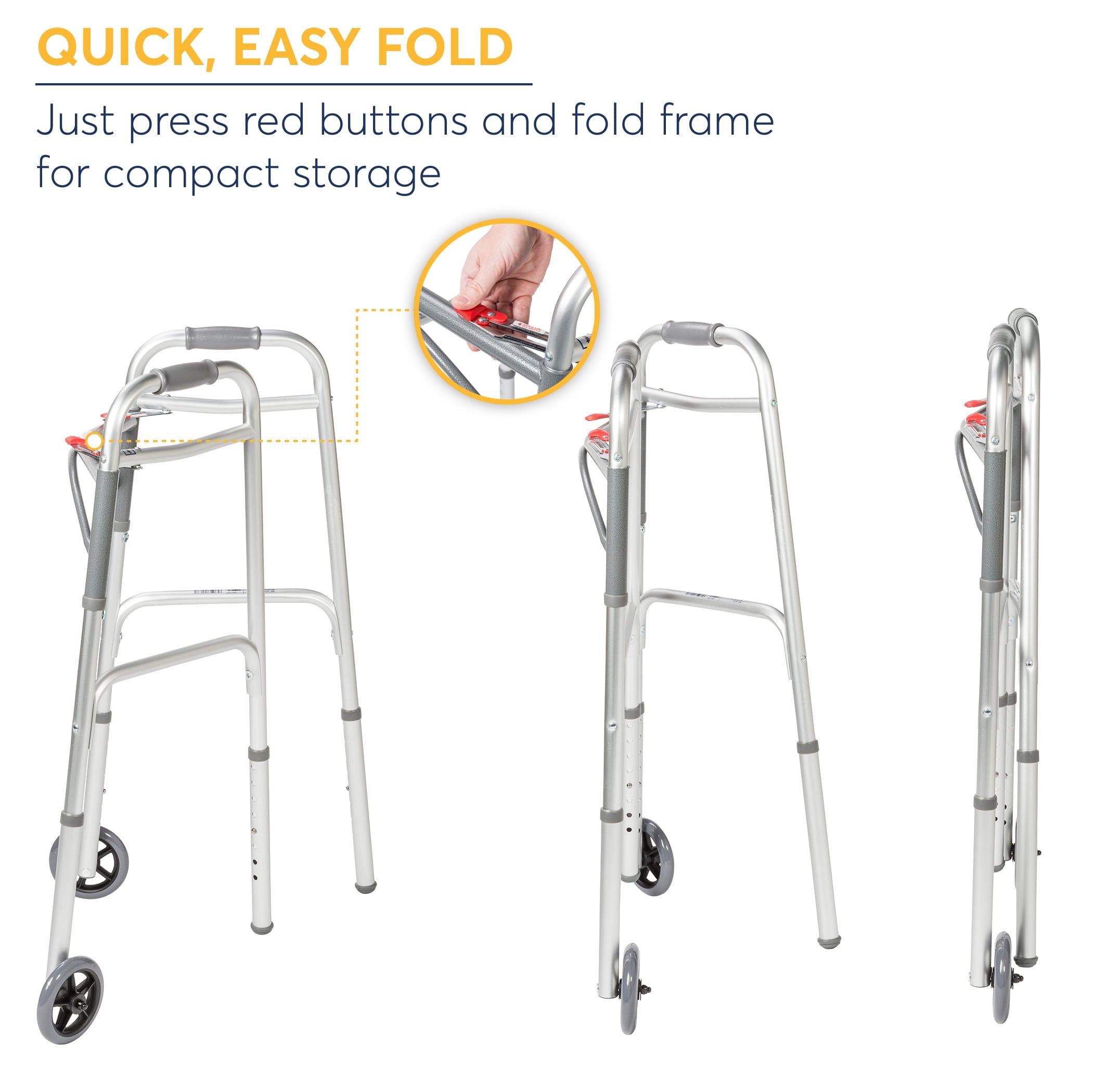 Preservetech Deluxe Two Button Folding Walker with 5" Wheels