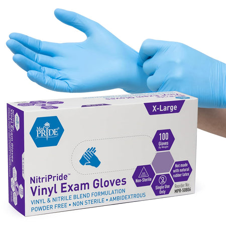 Nitripride Nitrile-Vinyl Blend Exam Gloves, X-Large 100 - Powder Free, Latex Free & Rubber Free - Single Use Non-Sterile Protective Gloves for Medical Use, Cooking, Cleaning & More