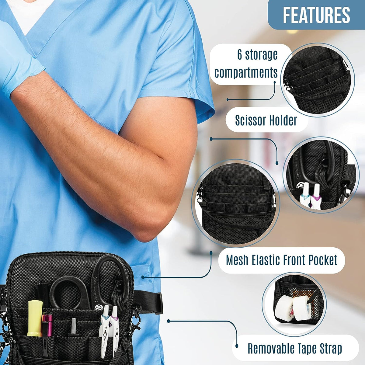 4-In-1 Nurse Fanny Pack with Medical Gear Pockets, Tape Holder, and Utility Storage for Stethoscopes, Bandage Scissors, and Emergency Supplies, Student and Nurse Use (Black)