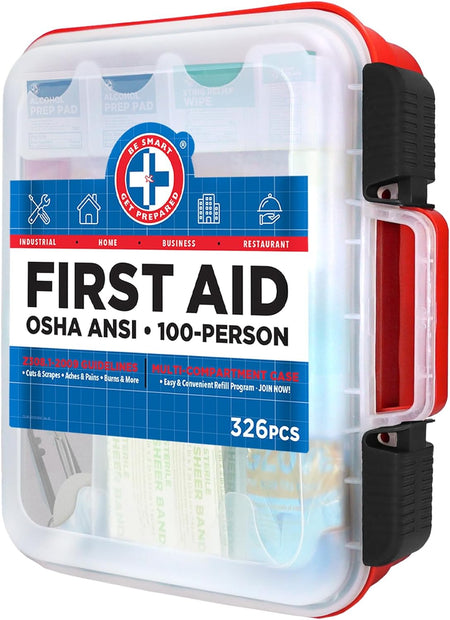 First Aid Kit Hard Red Case 326 Pieces Exceeds OSHA and ANSI Guidelines 100 People - Office, Home, Car, School, Emergency, Survival, Camping, Hunting and Sports (20HBC01015REV3)