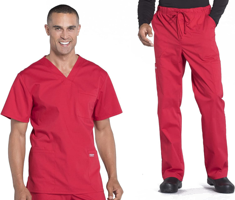 Scrub Set for Men From, 4 Pocket V-Neck Scrub Top WW695 with 5 Pocket Tapered Leg Fly Front Cargo Pant WW190