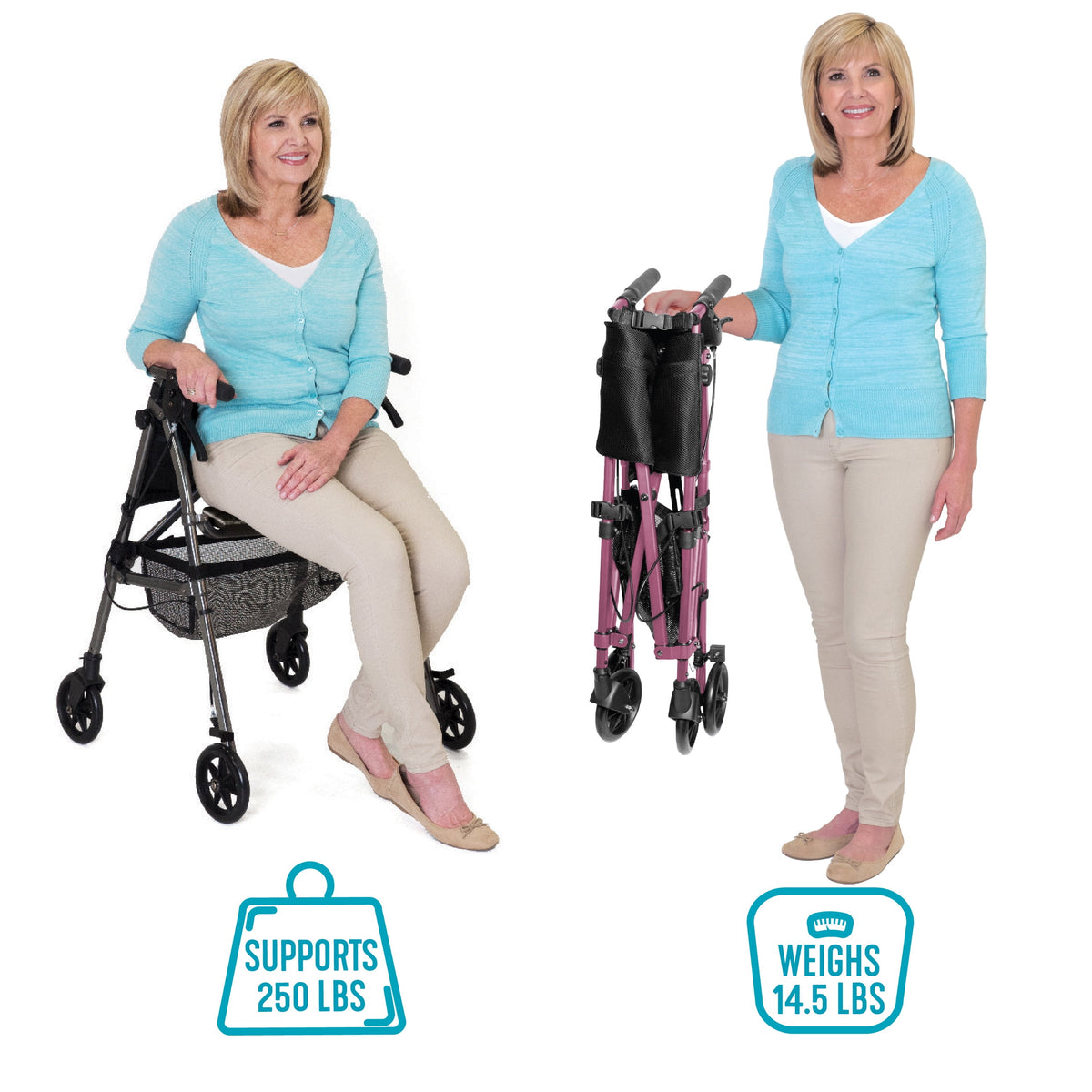 EZ Fold-N-Go Rollator for Seniors, Lightweight Rolling Walker with Seat and Wheels, Blue