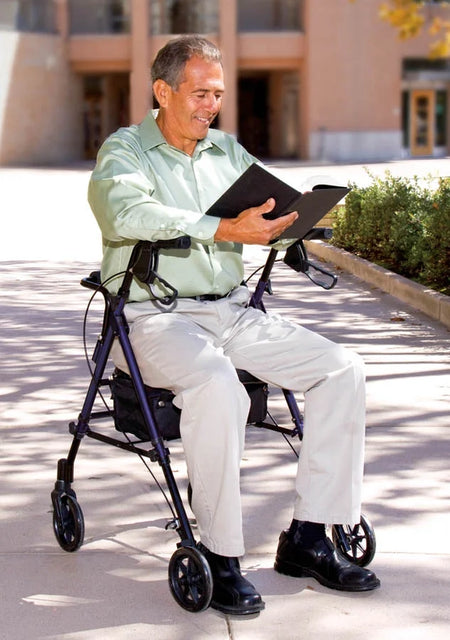 Aluminium Step N Rest Rollator Walker, Padded Seat, 6" Wheels, Backrest, Storage Pouch, Blue