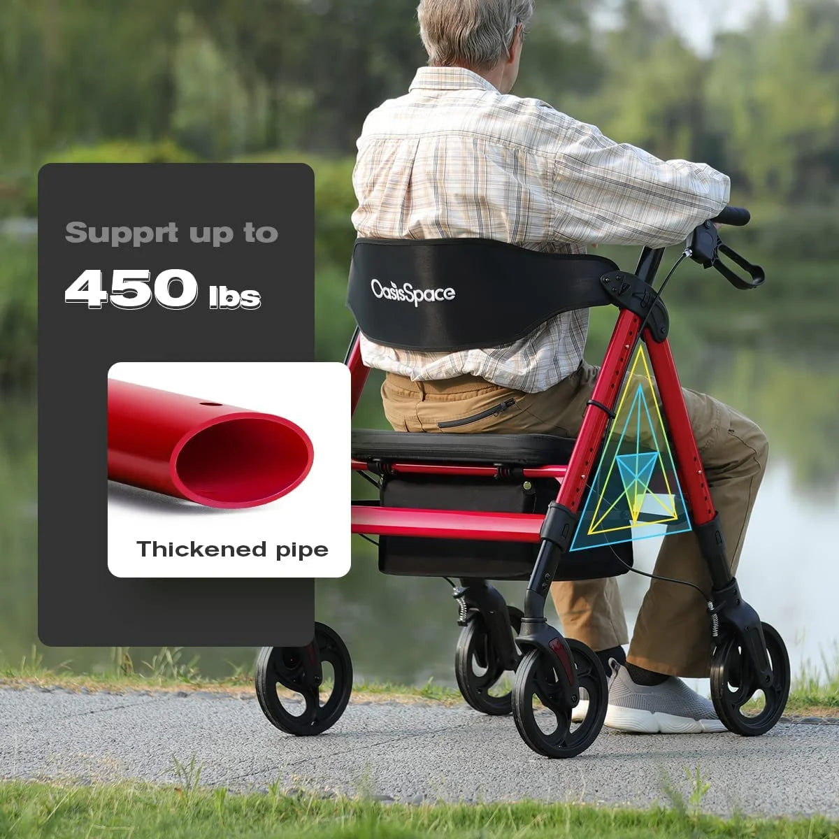 Heavy Duty Rollator Walker - Bariatric Rollator Walker with Large Seat for Seniors Support up to 500 Lbs (Red)