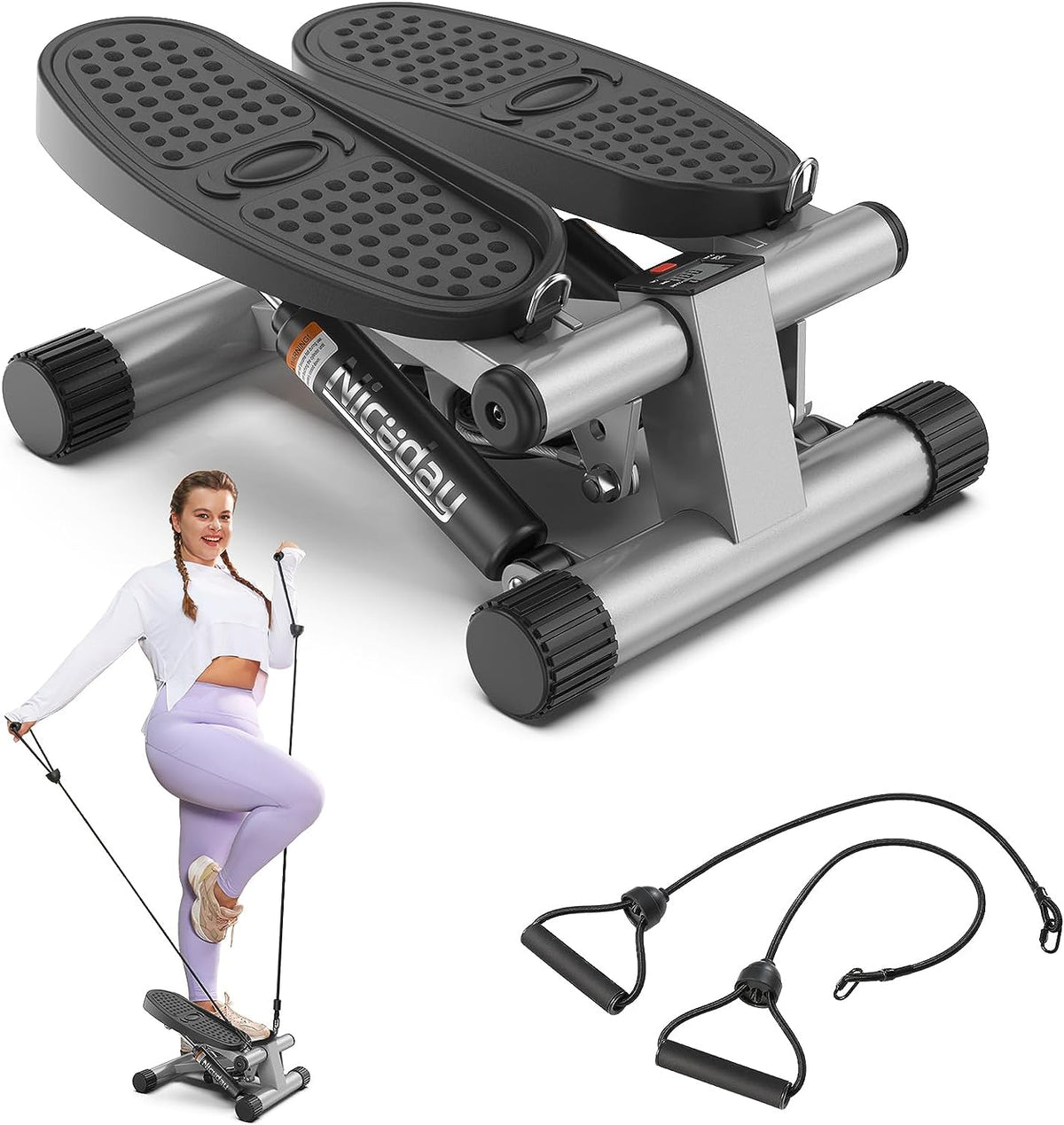 Steppers for Exercise, Stair Stepper with Resistance Bands, Mini Stepper with 300LBS Loading Capacity, Hydraulic Fitness Stepper with LCD Monitor