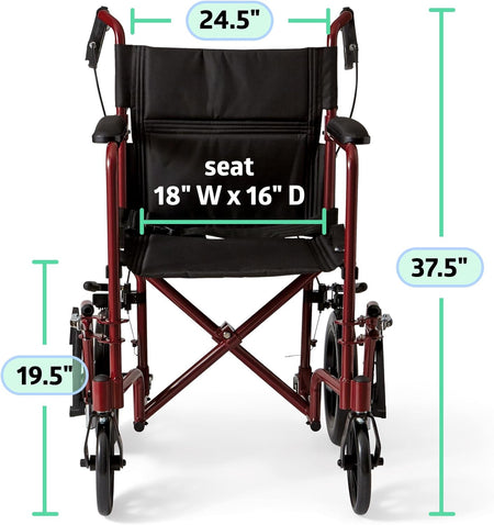 Lightweight Foldable Transport Wheelchair with Handbrakes and 12-Inch Wheels, Red Frame, Black Upholstery