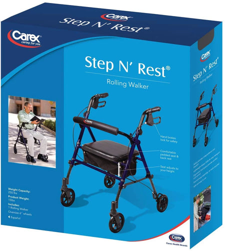 Aluminium Step N Rest Rollator Walker, Padded Seat, 6" Wheels, Backrest, Storage Pouch, Blue