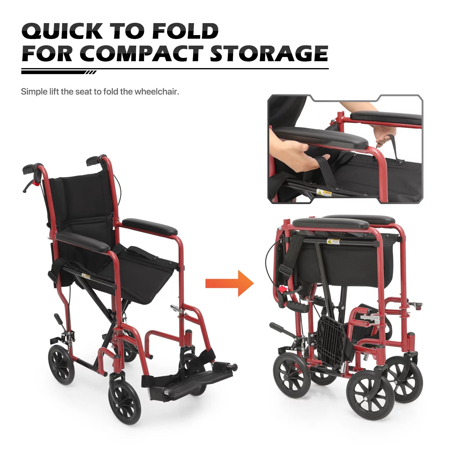 *FDA APPROVED* Transport Wheelchair with Flip Back Backrest & Swing-Away Footrests, Folding Transport Chair with Hand Brake, 250Lbs Weight Capacity, Red