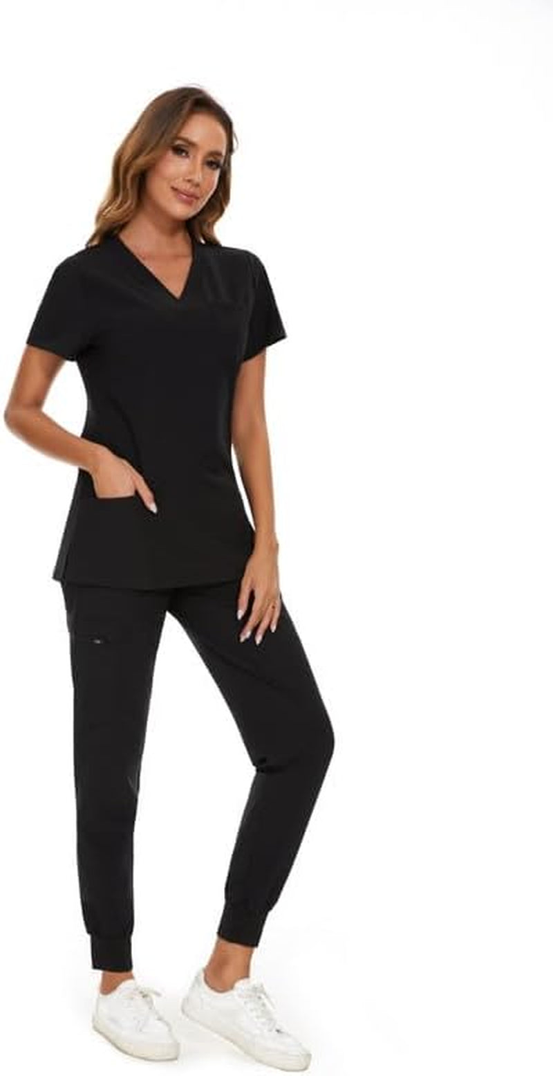 Scrubs for Women Set - Stretch V-Neck Scrub Top & Jogger Pant with 8 Pockets